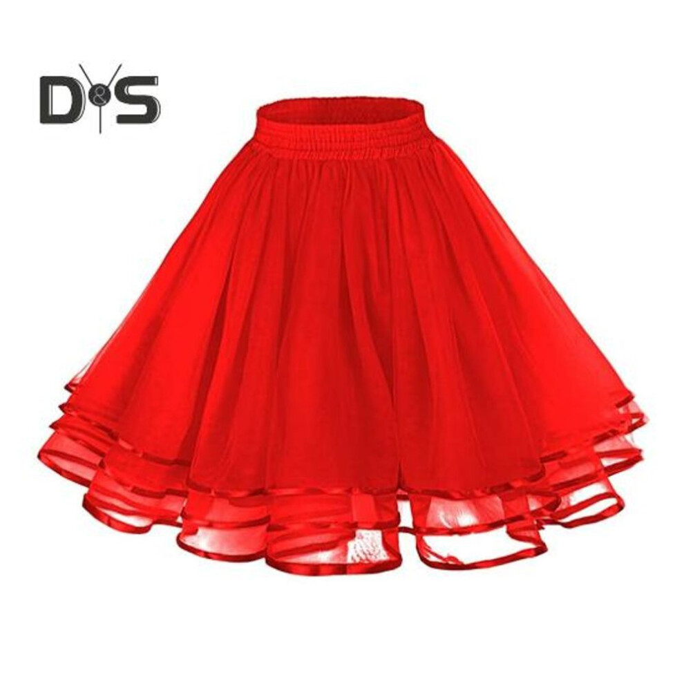 (red) Girl Puffy Tulle Skirt Elastic High Waist Fluffy 3-layer Tulle Petticoat Skirt Satin Lining Dress Up Skirt