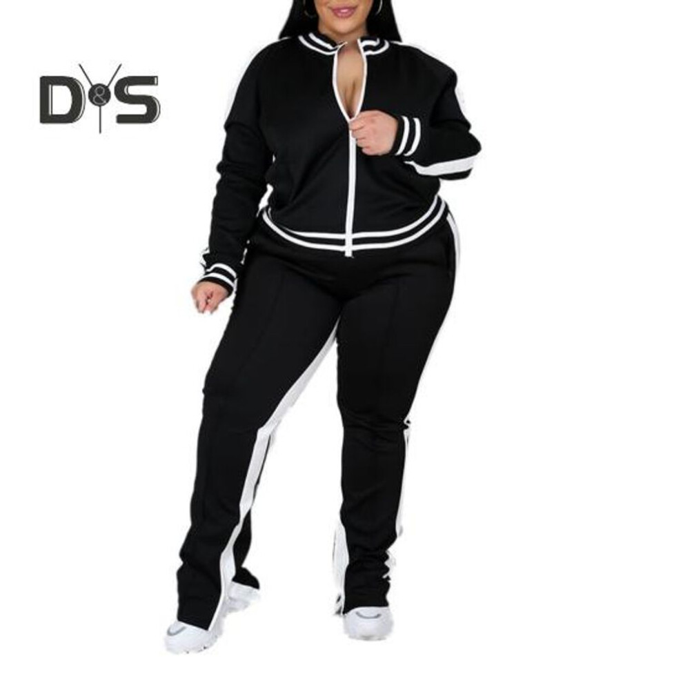 (black, XL) 2 Pcs/Set Women Jogging Suit Plus Size Zip-up Long Sleeve Sweatsuit with Trousers Loose Fit Tracksuit Sports Outfit for Joggers