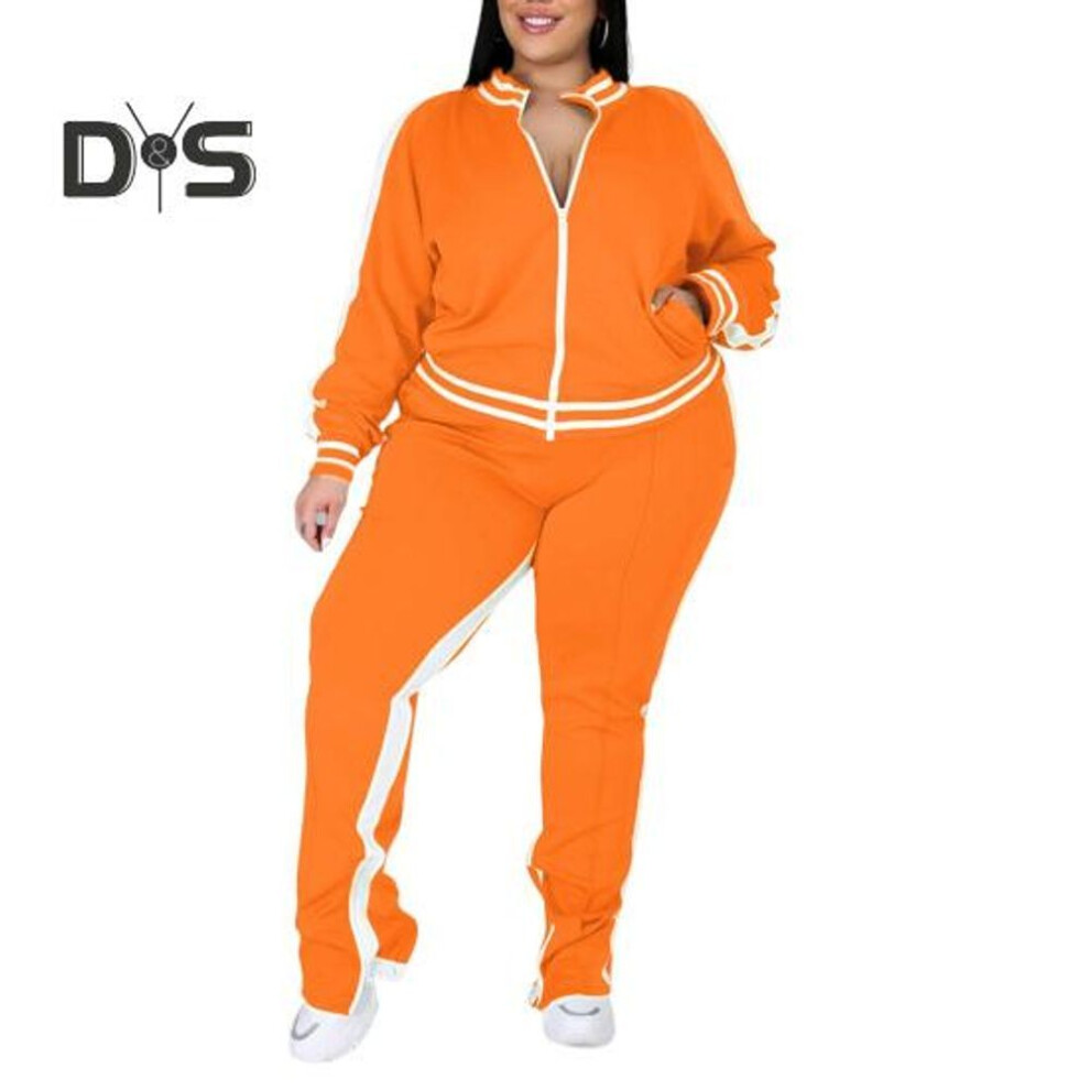 (dark orange, XL) 2 Pcs/set Women Jogging Suit Plus Size Zip-up Long Sleeve Sweatsuit With Trousers Loose Fit Tracksuit Sports Outfit For Joggers