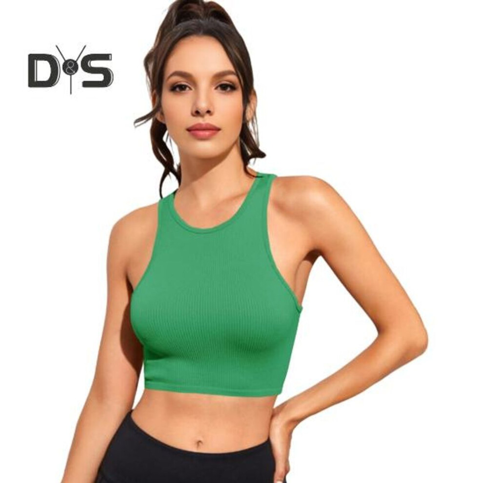 (M, green) Women Yoga Vest O-neck Sleeveless Racer Back Tank Tops Solid Color Slim Fit Ribbed Running Sport Vest