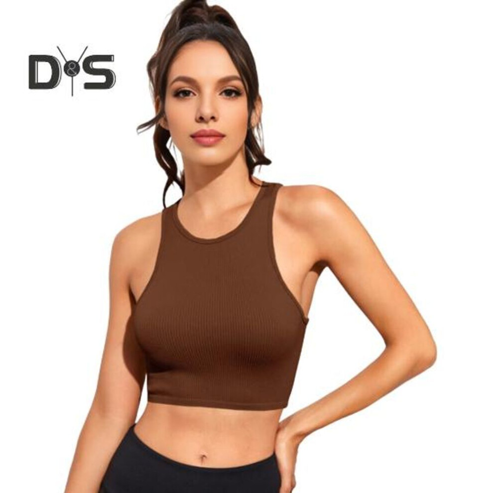 (L, coffee) Women Yoga Vest O-Neck Sleeveless Racer Back Tank Tops Solid Color Slim Fit Ribbed Running Sport Vest