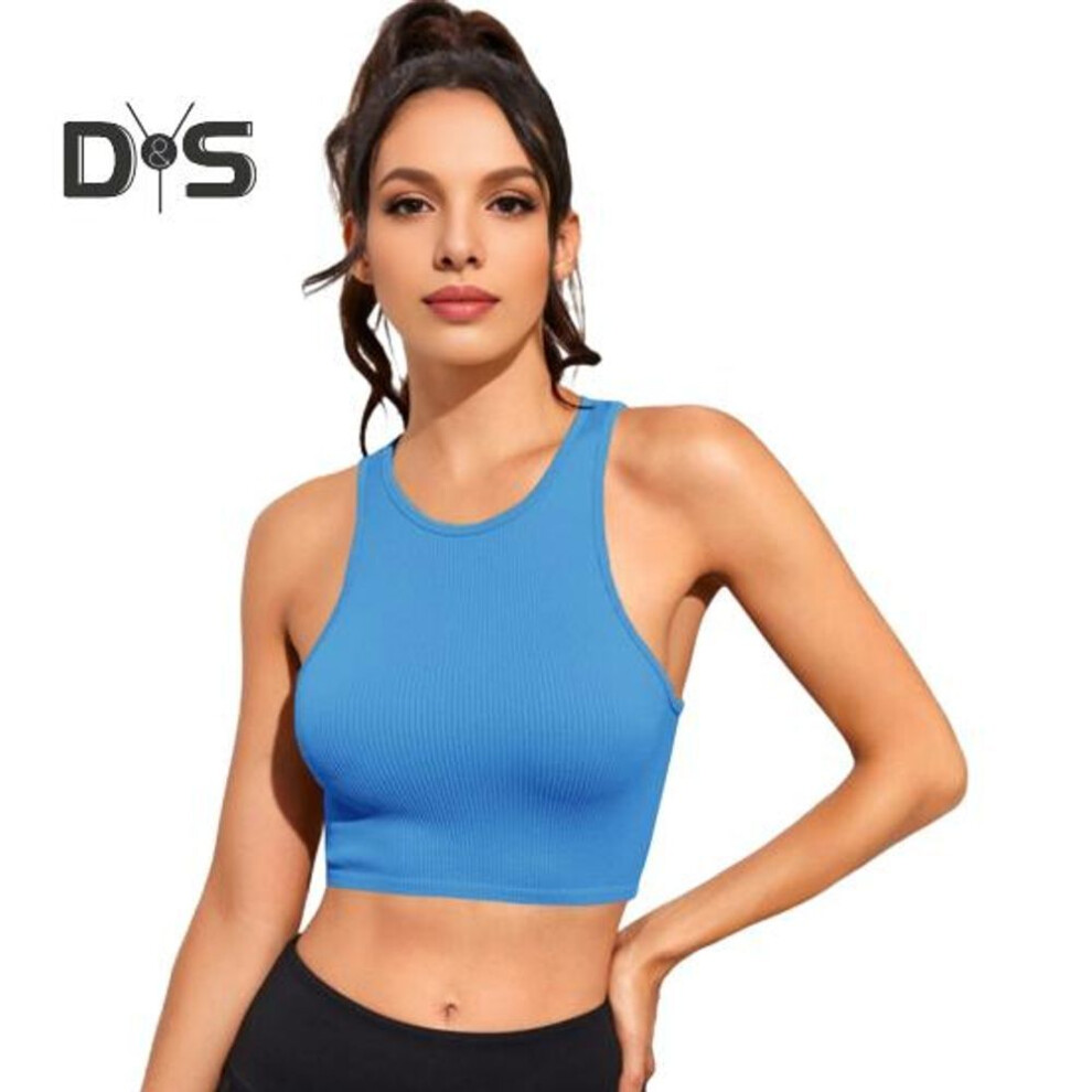 (M, blue) Women Yoga Vest O-Neck Sleeveless Racer Back Tank Tops Solid Color Slim Fit Ribbed Running Sport Vest
