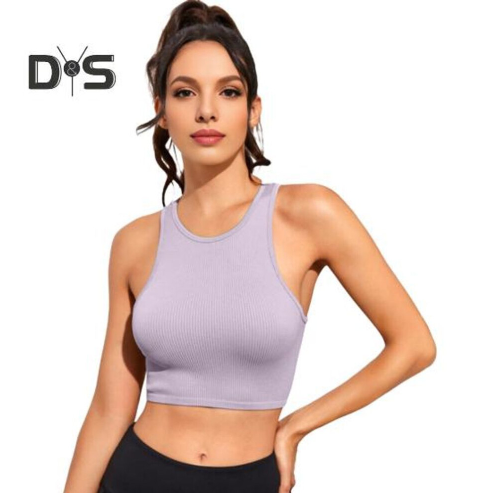 (M, purple) Women Yoga Vest O-neck Sleeveless Racer Back Tank Tops Solid Color Slim Fit Ribbed Running Sport Vest