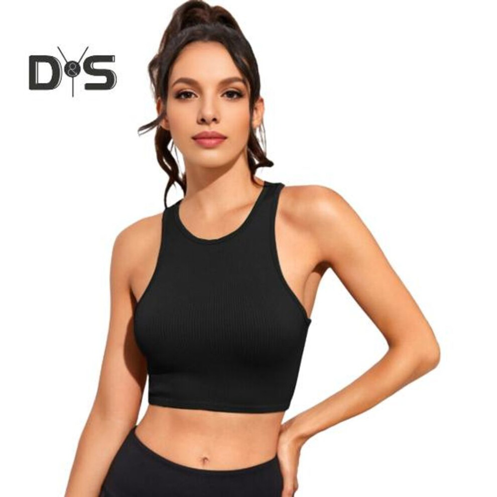 (M, black) Women Yoga Vest O-Neck Sleeveless Racer Back Tank Tops Solid Color Slim Fit Ribbed Running Sport Vest