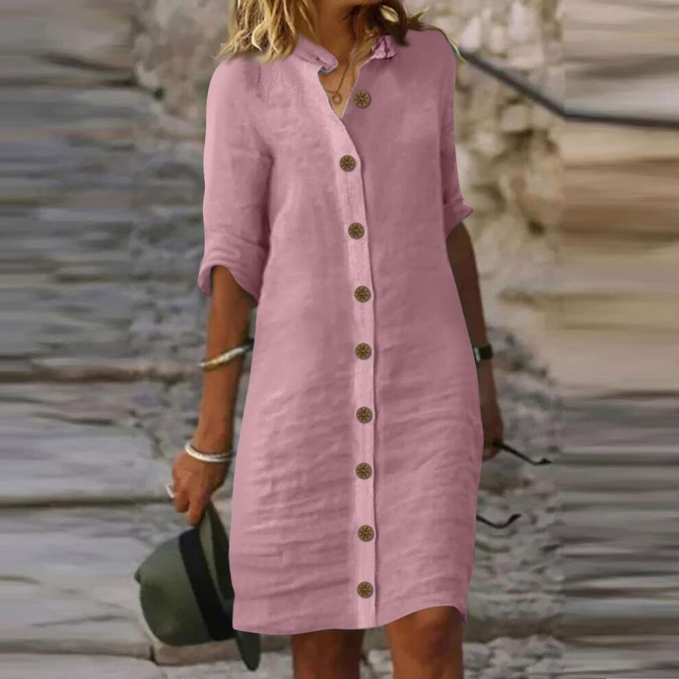 (purple, S) Summer Cotton Linen Shirt Dress Women Button Half Sleeve Casual Mini Dresses Women Elegant Loose Beach Party Dresses Vestidos