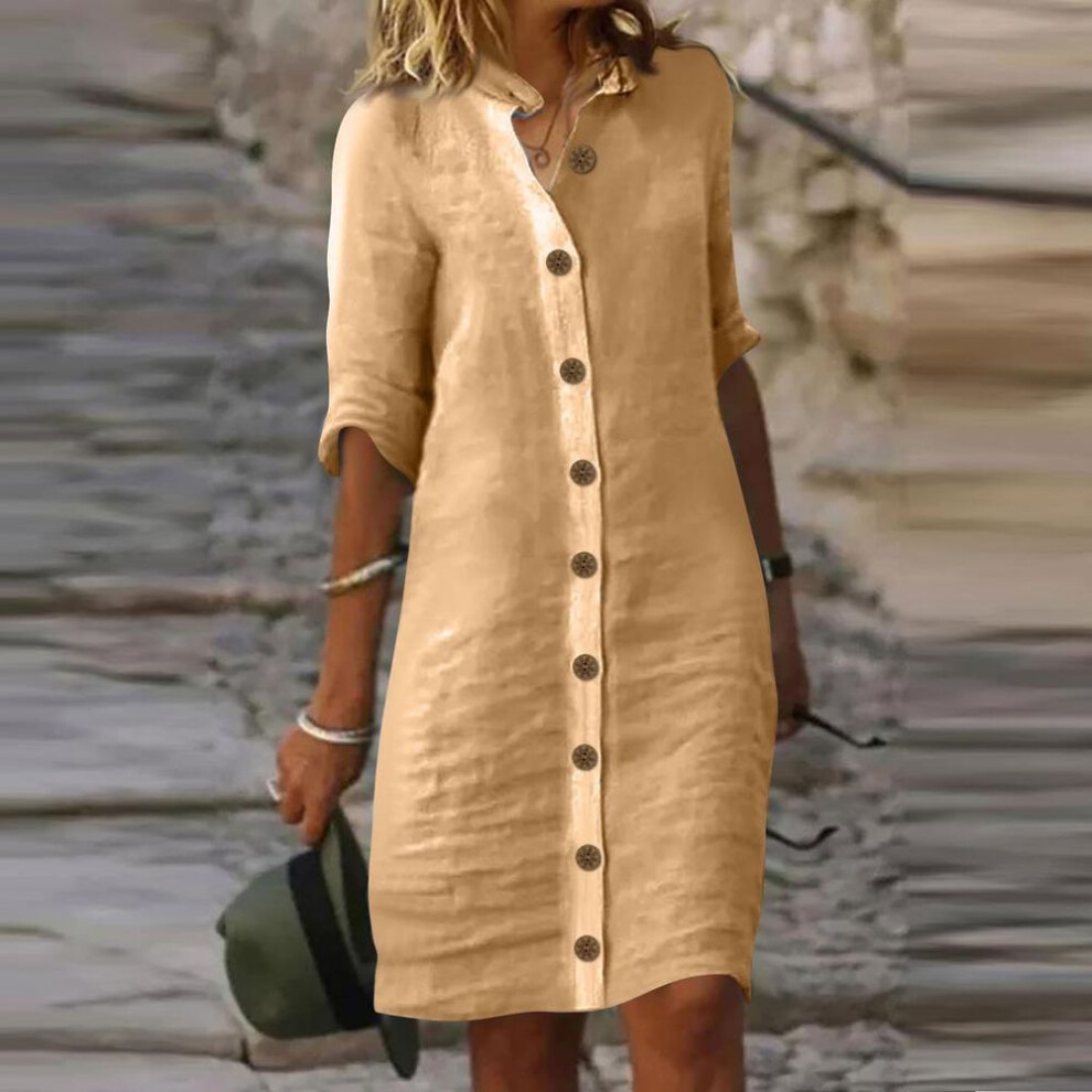 (khaki, XL) Summer Cotton Linen Shirt Dress Women Button Half Sleeve Casual Mini Dresses Women Elegant Loose Beach Party Dresses Vestidos