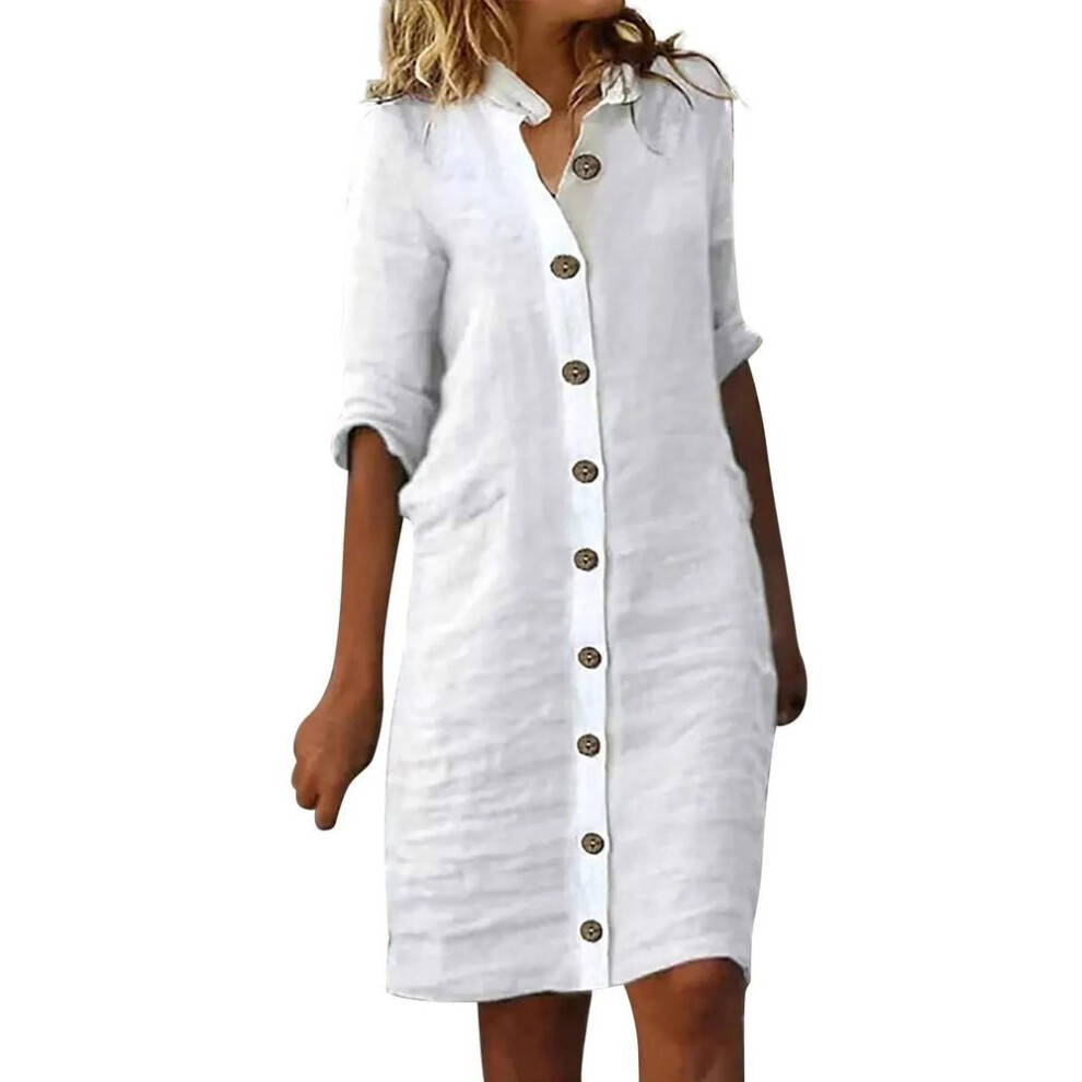 (beige, XL) Summer Cotton Linen Shirt Dress Women Button Half Sleeve Casual Mini Dresses Women Elegant Loose Beach Party Dresses Vestidos