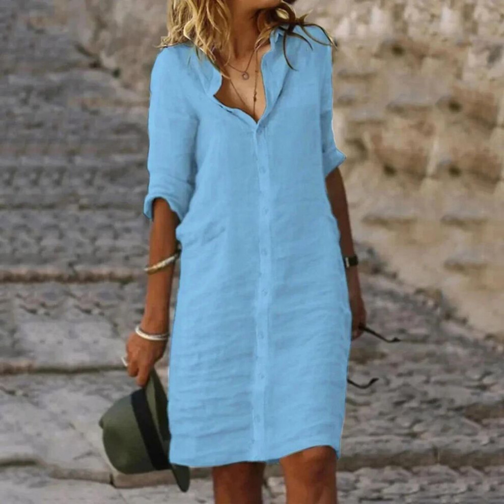 (blue, XXXL) Summer Cotton Linen Shirt Dress Women Button Half Sleeve Casual Mini Dresses Women Elegant Loose Beach Party Dresses Vestidos