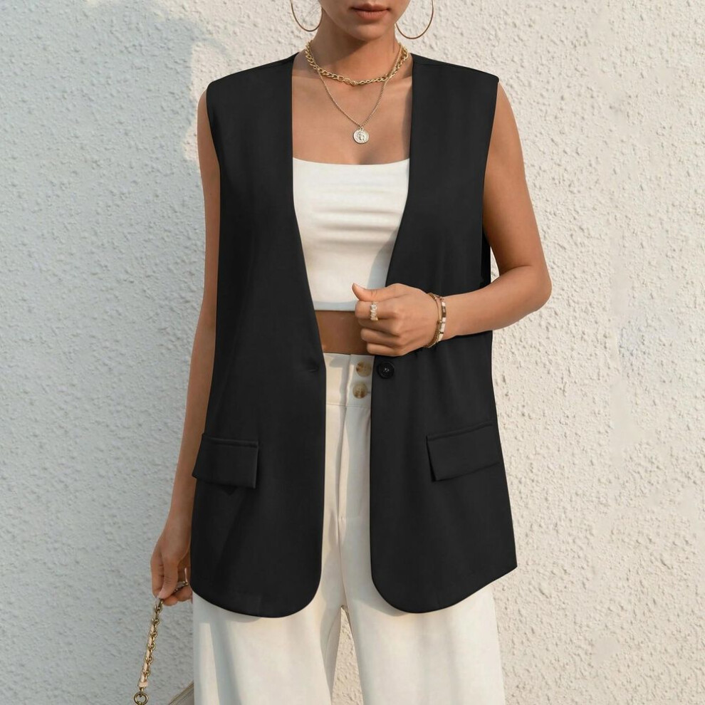 (black, S) Women Fashion Front Button Fitted Waistcoat Vintage Sleeveless Welt Pockets Female Outerwear Chic Vests Mint Green Black Tops