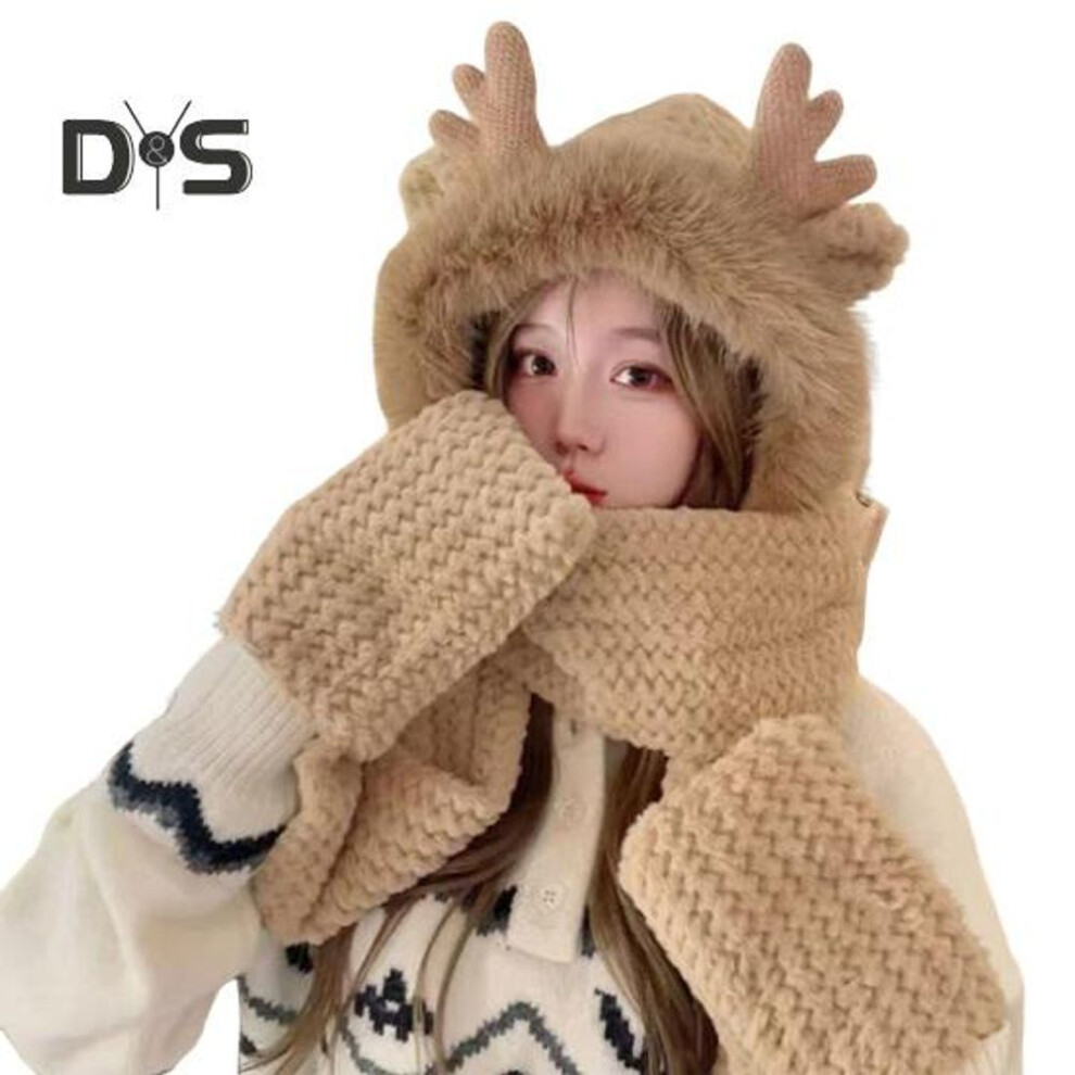 (khaki) Women Winter Scarf Hat With Gloves Thick Plush Antler Decor Fuzzy Faux Fur Full Protection Windproof Outdoor Activities Photo Prop Headwear
