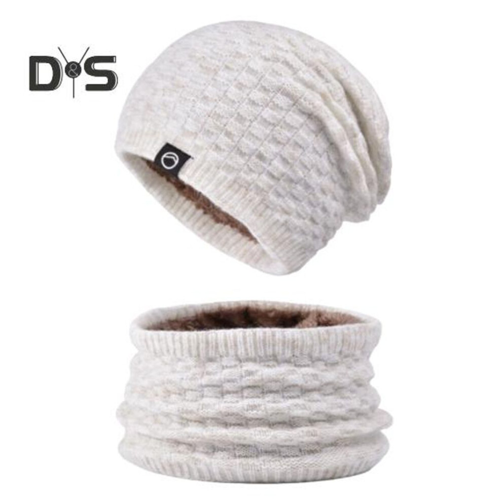 (beige) 2 Pcs/Set Women Winter Scarf Hat Set Thick Knitted Warm Anti-slip Elastic Ear Protecting Windproof Cap Winter Outdoor Cycling Skiing Neck Warmer