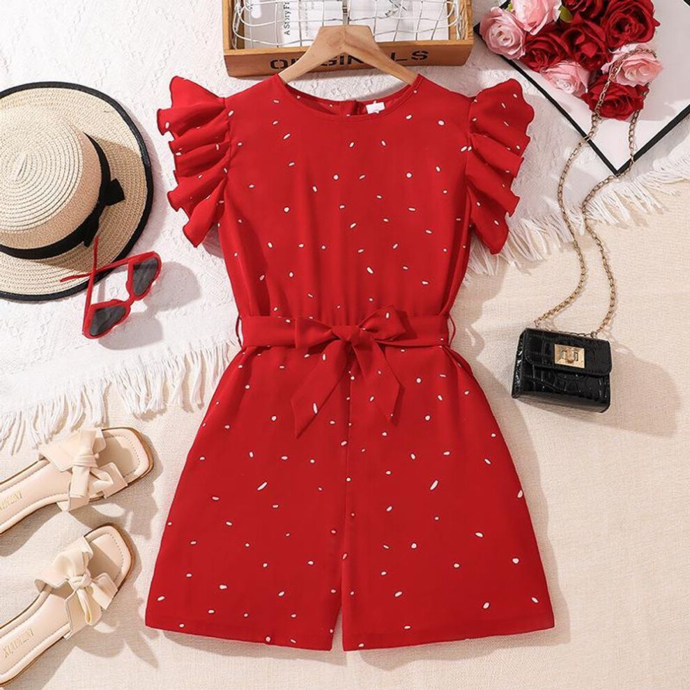 (150cm/10Y, red) Children's Trousers 7-14y Children's Summer New Suit Middle And Large Children Short-sleeved Lapel Fashion Jumpsuit