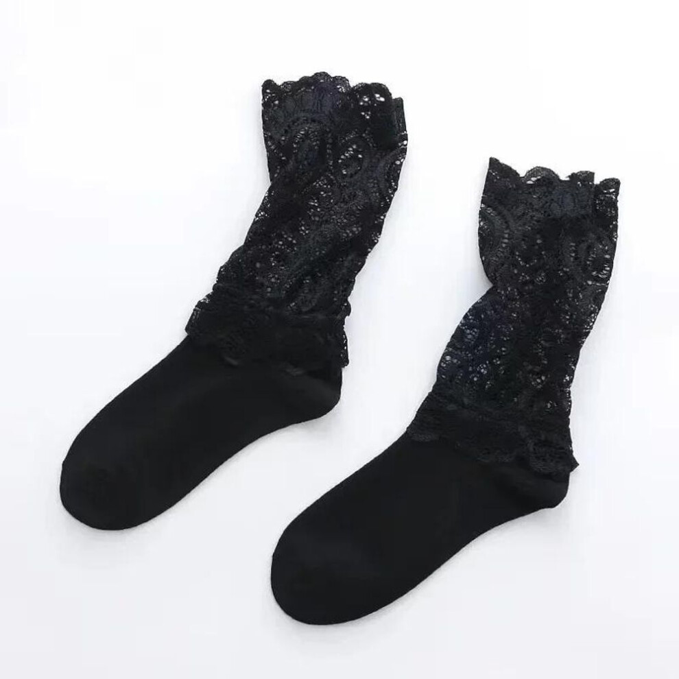 (black, One Size) Sexy Lace Floral Mesh Socks Women Black Transparent Short Cotton Sock For Ladies Elastic Retro Cute Socks Female New