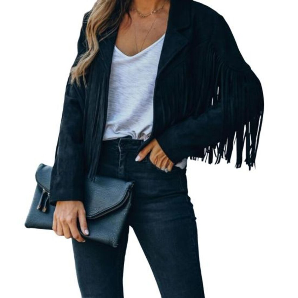 (black, L) Women's Casual Tassel Jacket Long Sleeve Lapel Fringed Cropped Coat Faux Suede Motorcycle Outwear for Spring Autumn