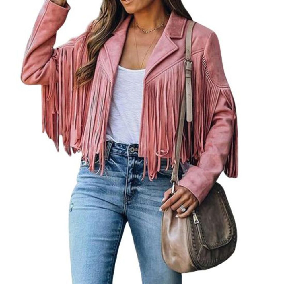 (pink, L) Women's Casual Tassel Jacket Long Sleeve Lapel Fringed Cropped Coat Faux Suede Motorcycle Outwear for Spring Autumn