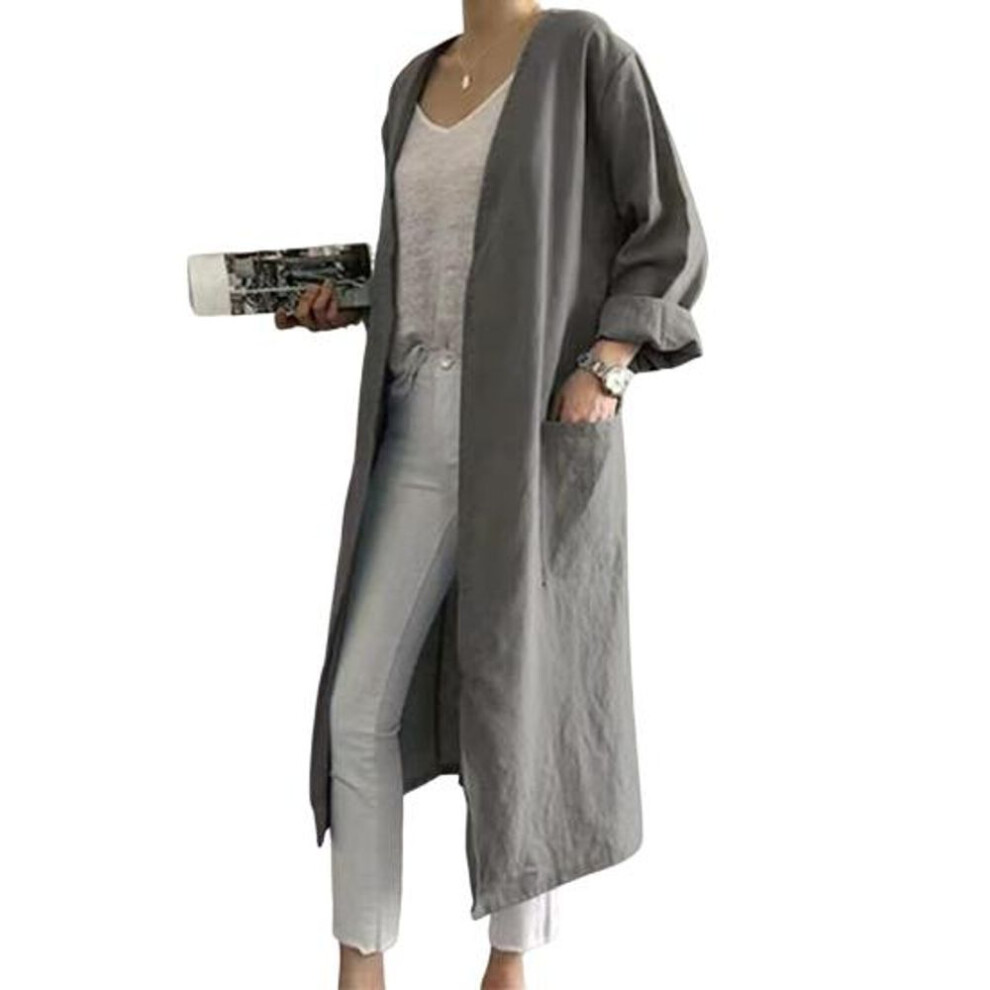 (3XL, grey) Women's Long Trench Coat V-Neck Long Sleeve Cotton Cardigan Sun Protection Long Jacket Robe for Summer Causal Outwear