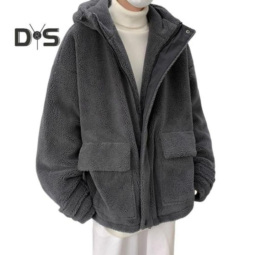 (dark gray, XL) Men Hooded Long Sleeve Jacket with Large Pockets Imitation Lamb Wool Coat Autumn Winter Loose Fit Outwear