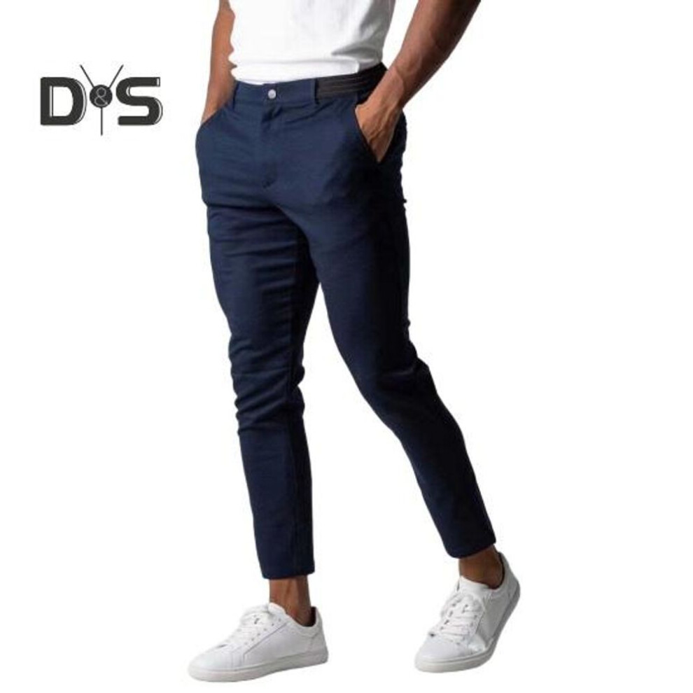 (navy blue, S) Men Business Pants with Pockets Slim Fit Stretchable Waist Button Zipper Placket Solid Color Straight Leg Daily Wear Work Trousers
