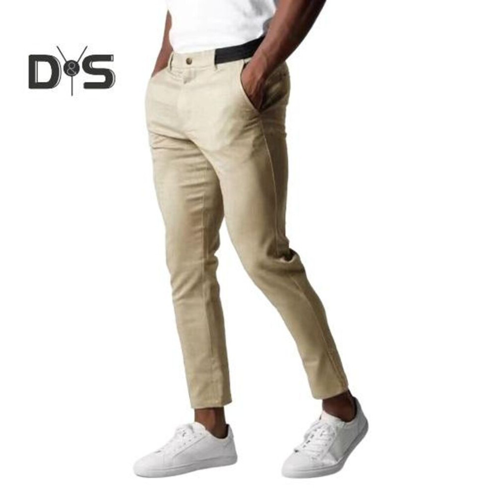 (khaki, L) Men Business Pants with Pockets Slim Fit Stretchable Waist Button Zipper Placket Solid Color Straight Leg Daily Wear Work Trousers