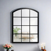 Arch Window Style Grid Mirror Black Frame Plastic Back 76x50 Cm