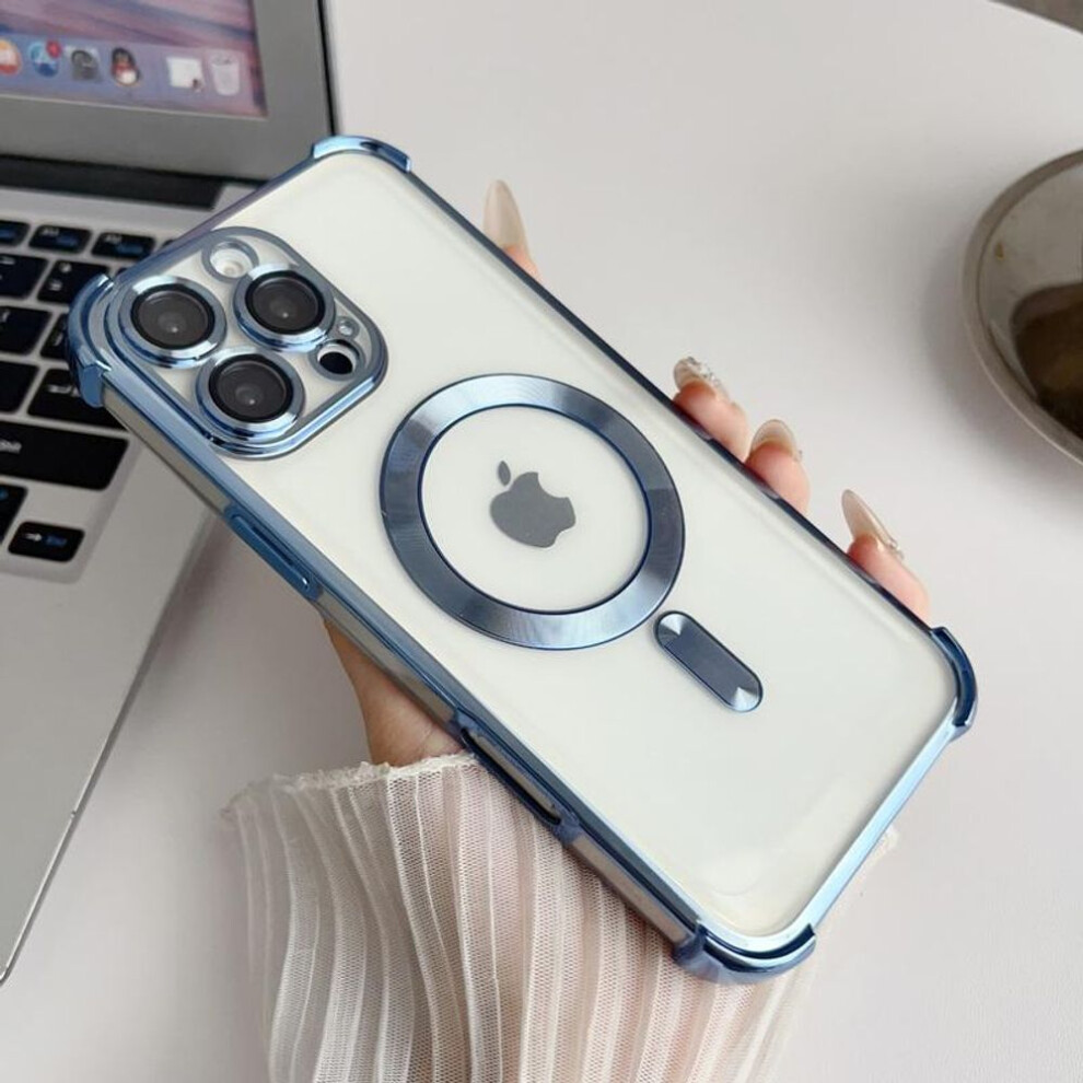 (light blue, iPhone 14) Plating Color TPU Frame Soft Phone Cover For iPhone 16 Plus 15 Pro Max 14 Pro 13 12 11 Clear for Magsafe Shockproof Magnetic Slim Case