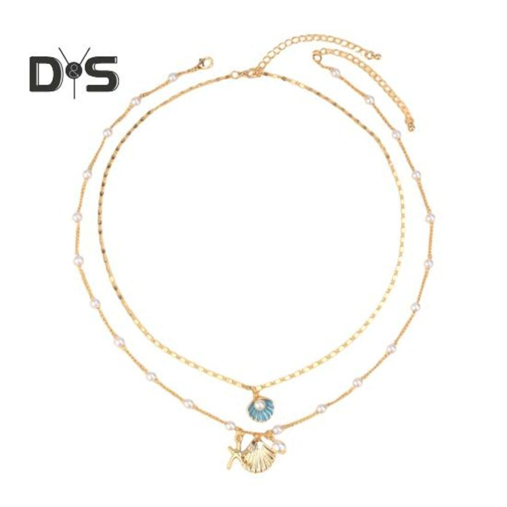 (blue) Women Necklace Double-layered Shell Starfish Charm Faux Pearl Decor Adjustable Length Ocean Theme Clavicle Ncklace Prom Party Cosplay Neck Jewelry