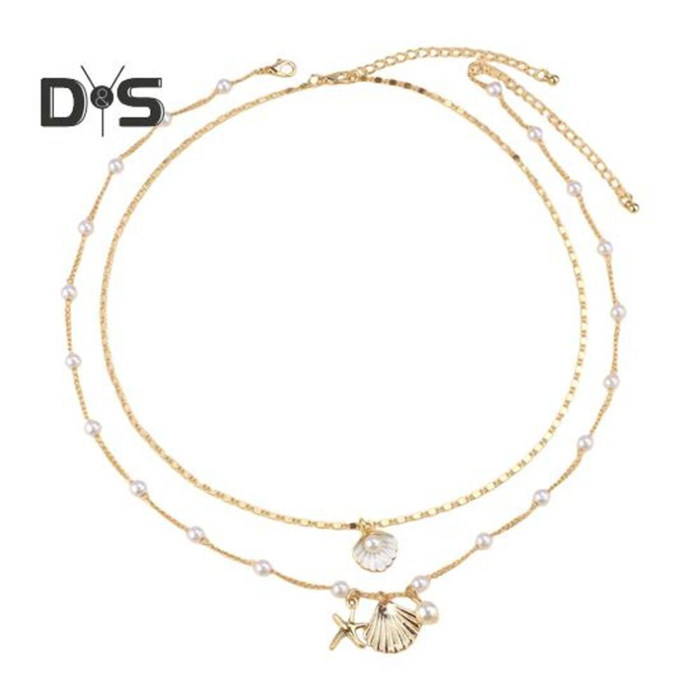 (golden) Women Necklace Double-layered Shell Starfish Charm Faux Pearl Decor Adjustable Length Ocean Theme Clavicle Ncklace Prom Party Cosplay Neck Jewelry