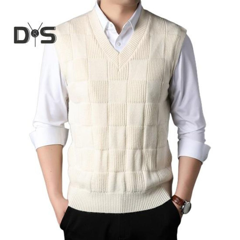 (beige, M) Knitting Vest Sleeveless V-Neck Solid Color Geometric Squares Design Knitting Tops Autumn Winter Casual Knit Tank
