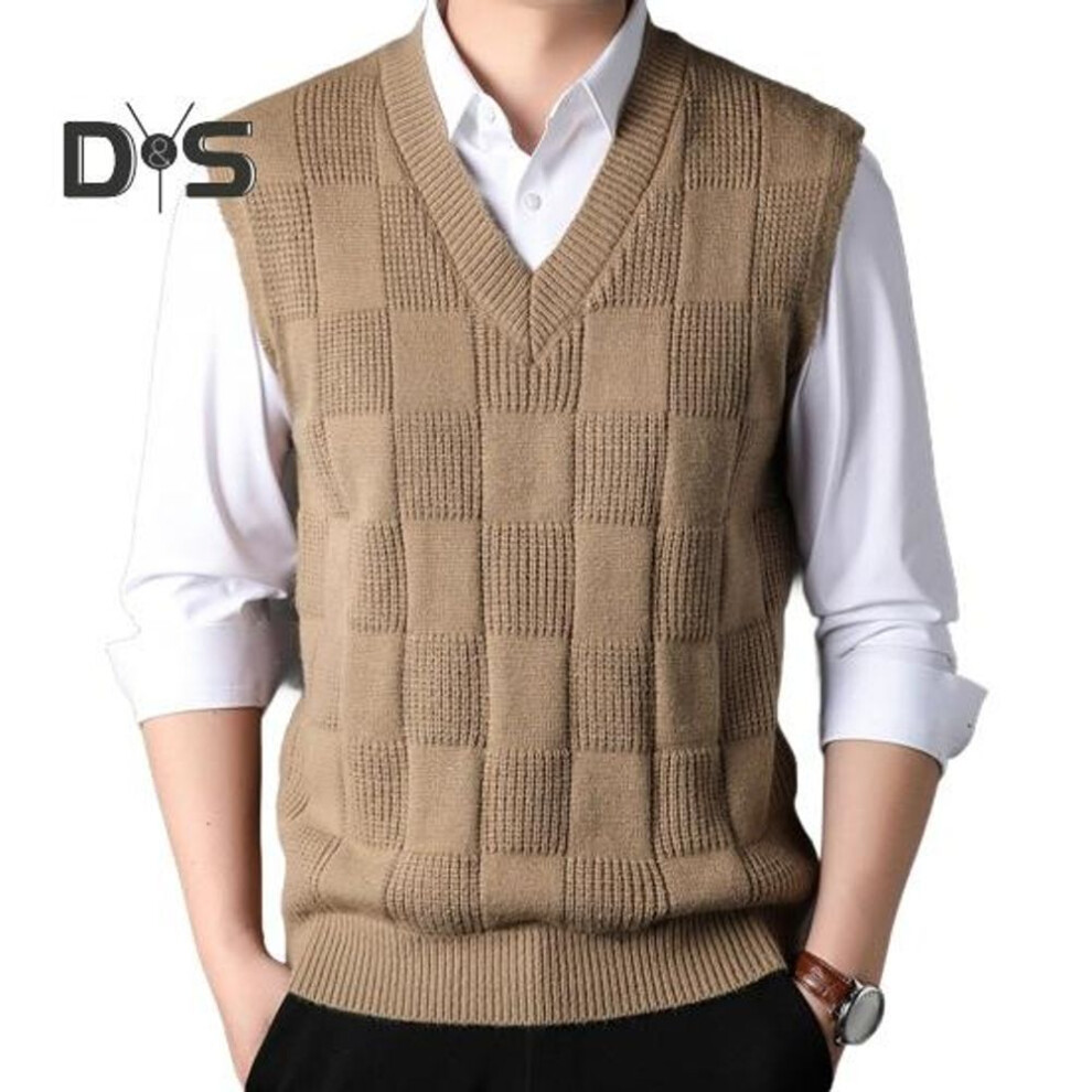 (khaki, L) Knitting Vest Sleeveless V-Neck Solid Color Geometric Squares Design Knitting Tops Autumn Winter Casual Knit Tank