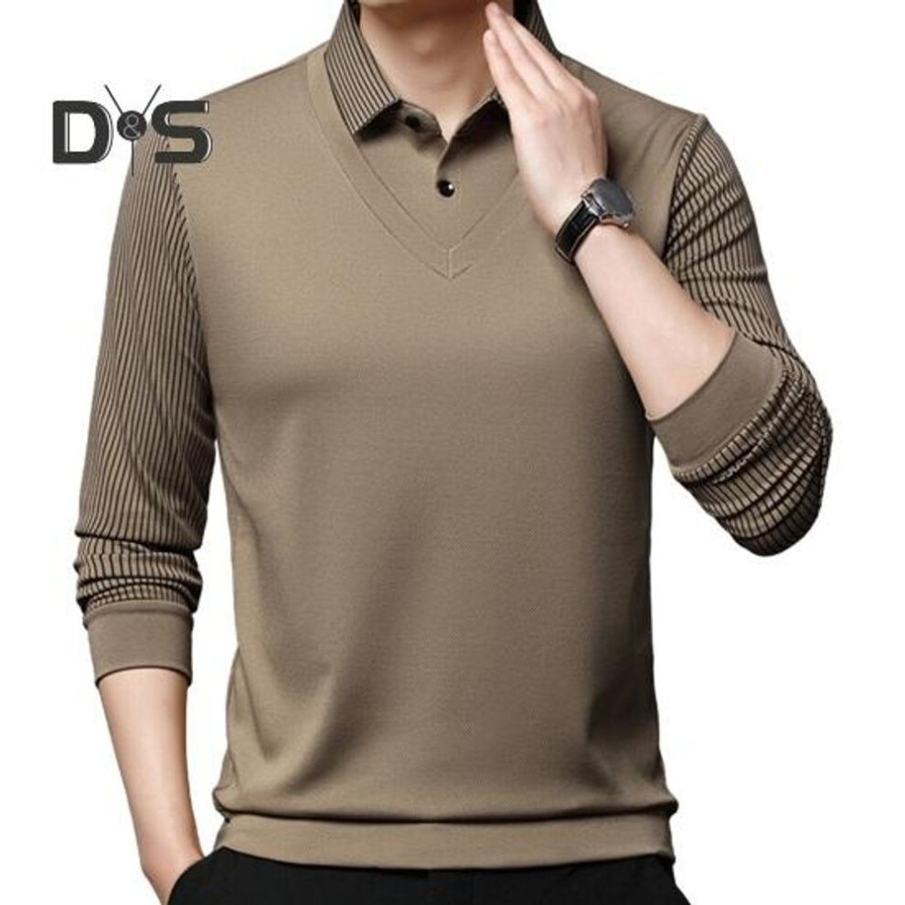 (XL, khaki) Men Fall Winter Top Fake Two-piece Pluish Lined Turn-down Collar Formal Business Style Shirt Mid-aged Men Father Office Work Clothes