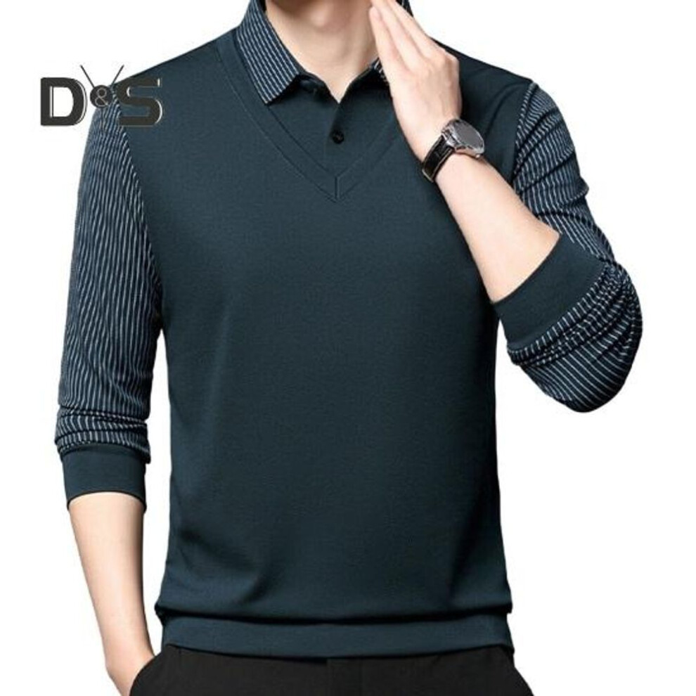 (L, navy blue) Men Fall Winter Top Fake Two-piece Pluish Lined Turn-down Collar Formal Business Style Shirt Mid-aged Men Father Office Work Clothes