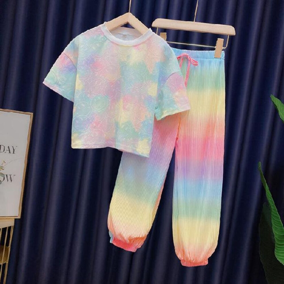 (160) Girls' Rainbow Pants Summer 2025 Two-piece Suit: Trendy, Loose, Versatile For Medium & Large Children