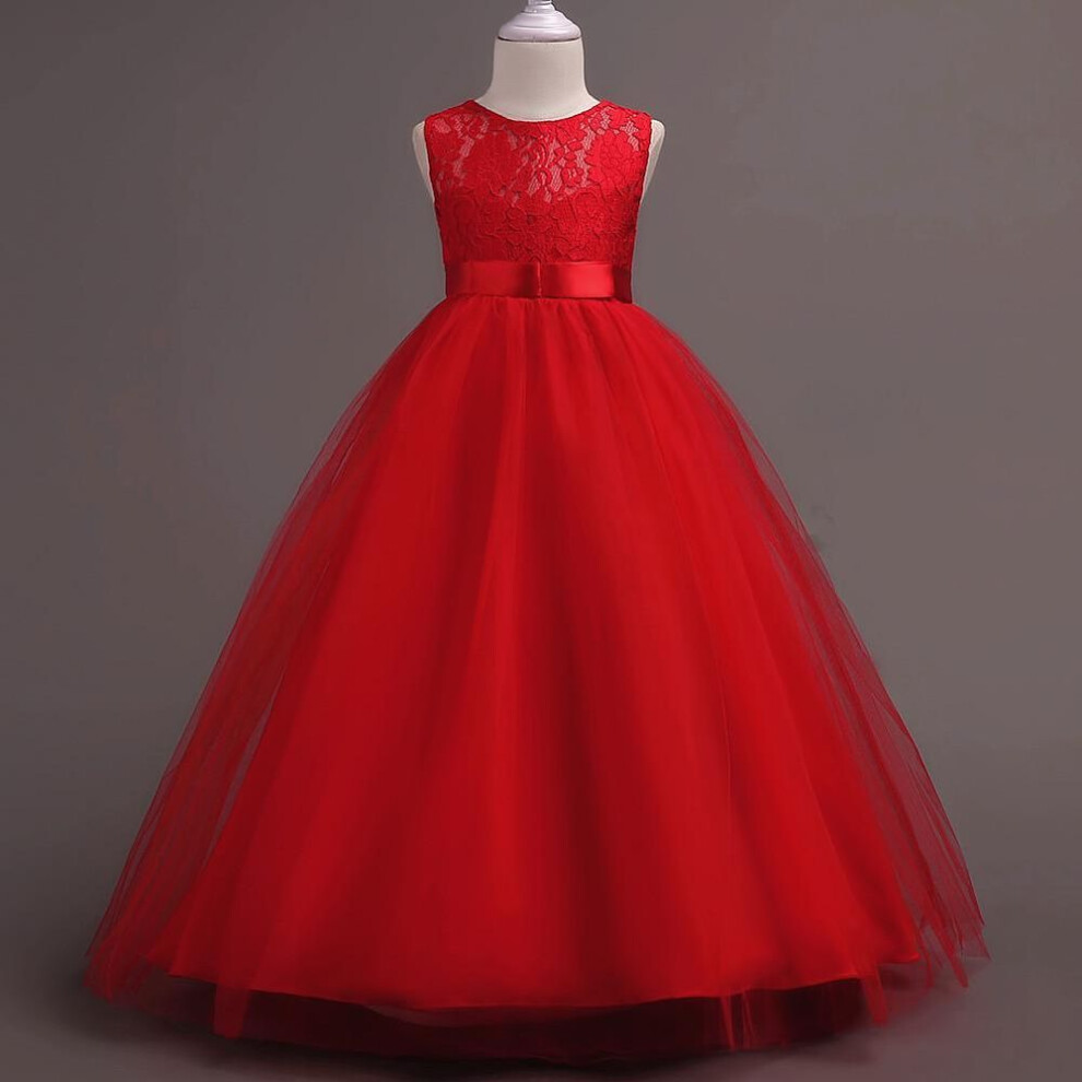 (red, 130cm) European and American Princess Lace Floor-Length Girl's Evening Dress