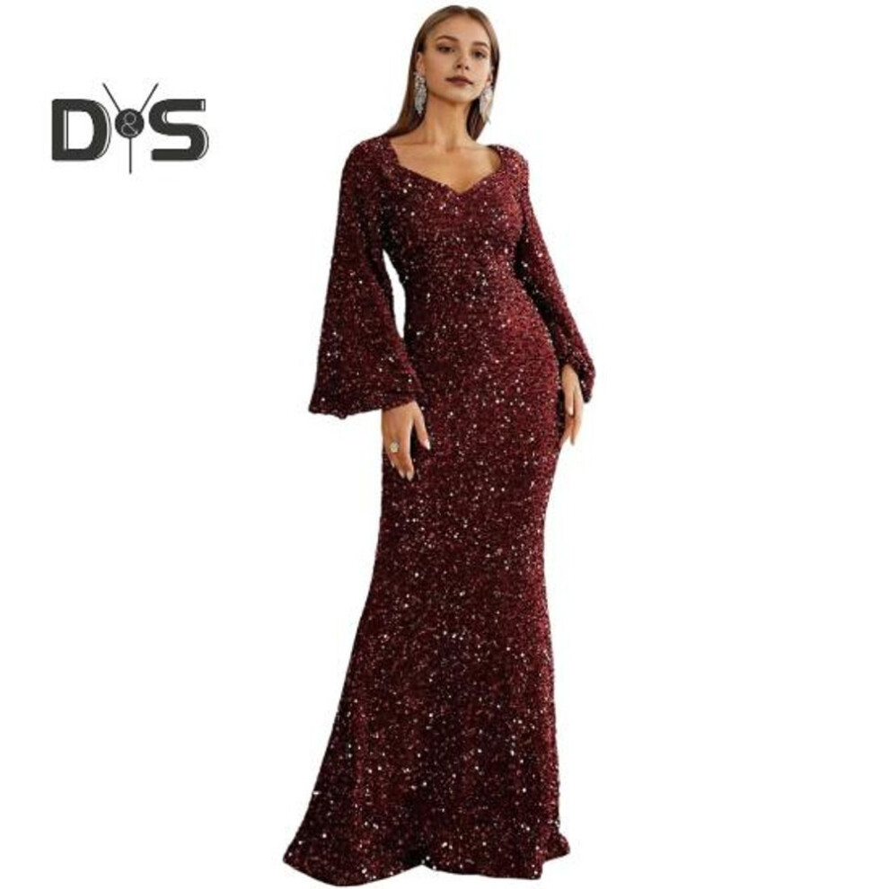 (wine red, XXL) Women Evening Dress Bell Sleeves Sequin A-line Slim Fit Low-cut V Neck Maxi Dress Mid Waist Back Zipper Closure Prom Dress