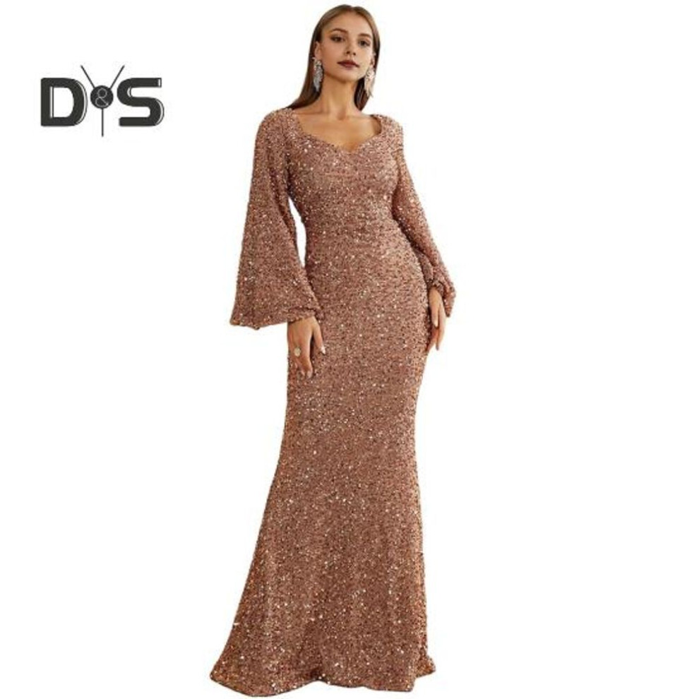 (golden, M) Women Evening Dress Bell Sleeves Sequin A-line Slim Fit Low-cut V Neck Maxi Dress Mid Waist Back Zipper Closure Prom Dress