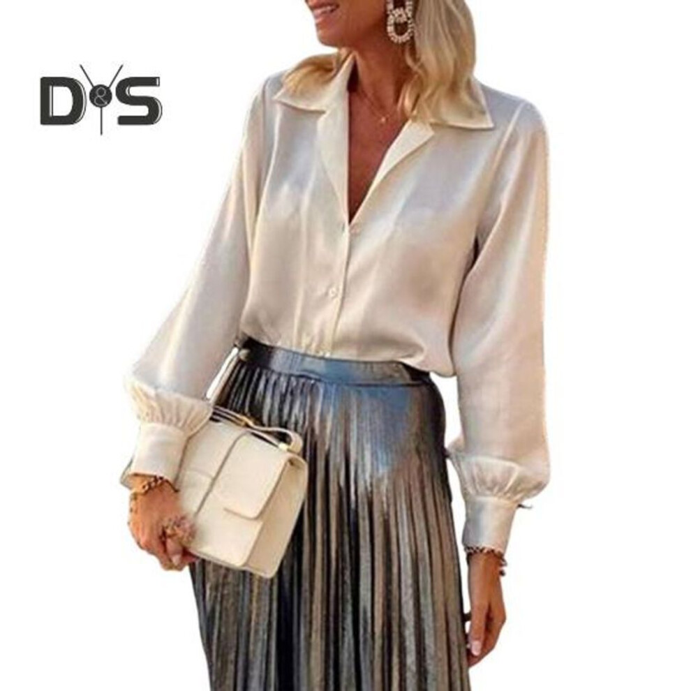 (XL Jacket, as the picture) Women Spring Fall Shirt Single-breasted Lapel Long Sleeve Commuting Formal Top Pleated Glossy Surface Metallic Maxi Skirt Office Clothes