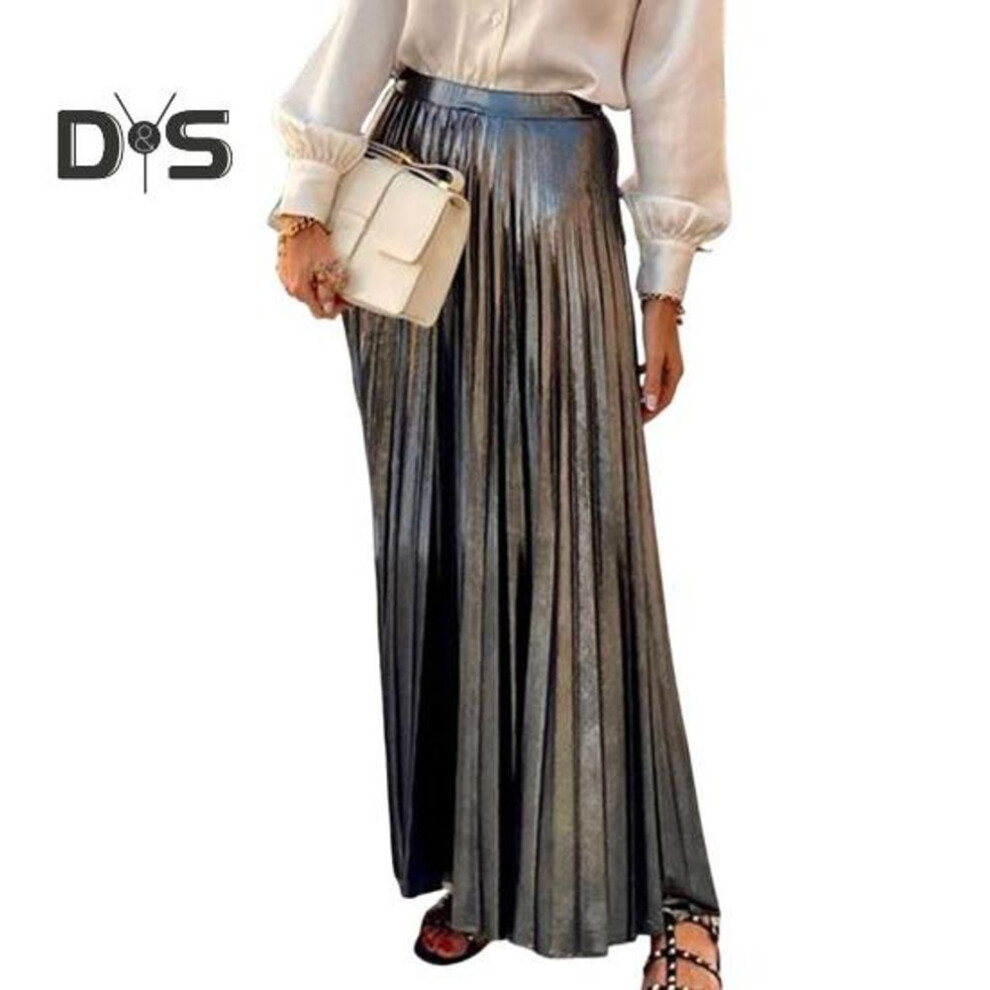 (S Lower, as the picture) Women Spring Fall Shirt Single-breasted Lapel Long Sleeve Commuting Formal Top Pleated Glossy Surface Metallic Maxi Skirt Office Clothes