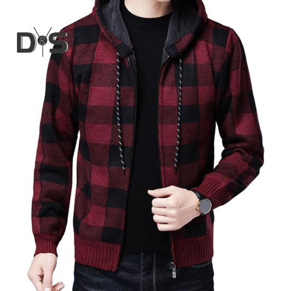 (red, XXL) Men Winter Cardigan Contrast Color Plaid Printing Hooded Drawstring Mid Length Jacket Thickened Knitted Long Sleeves Zipper Closure Coat