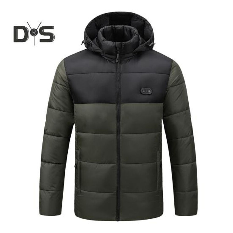 (army green, XXL) Heated Cotton Coat Hooded Long Sleeve Zipper Placket Jacket Waterproof Windproof 3-Level Temperature Adjustment USB Powered Outerwear