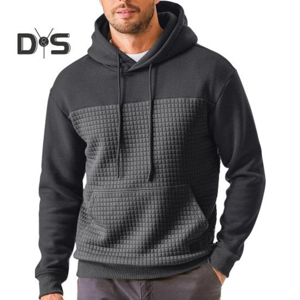 (dark gray, S) Fall Winter Hoodie Waffle Texture Hooded Drawstring Long Sleeves Contrast Color Loose Sport Casual Daily Mid Length Top