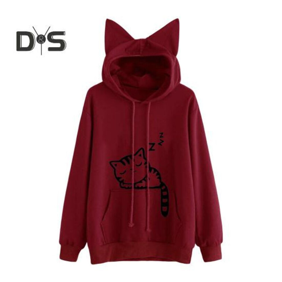 (S, wine red) Women Fall Winter Hoodie with Big Pocket Cat Ear Decor Kitty Printing Hooded Full Sleeves Loose Pullover Home School Sport Top