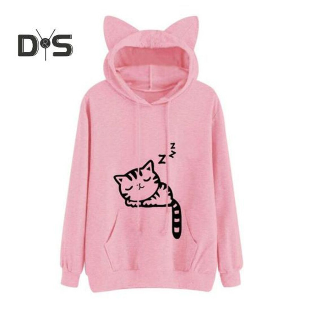 (L, pink) Women Fall Winter Hoodie with Big Pocket Cat Ear Decor Kitty Printing Hooded Full Sleeves Loose Pullover Home School Sport Top