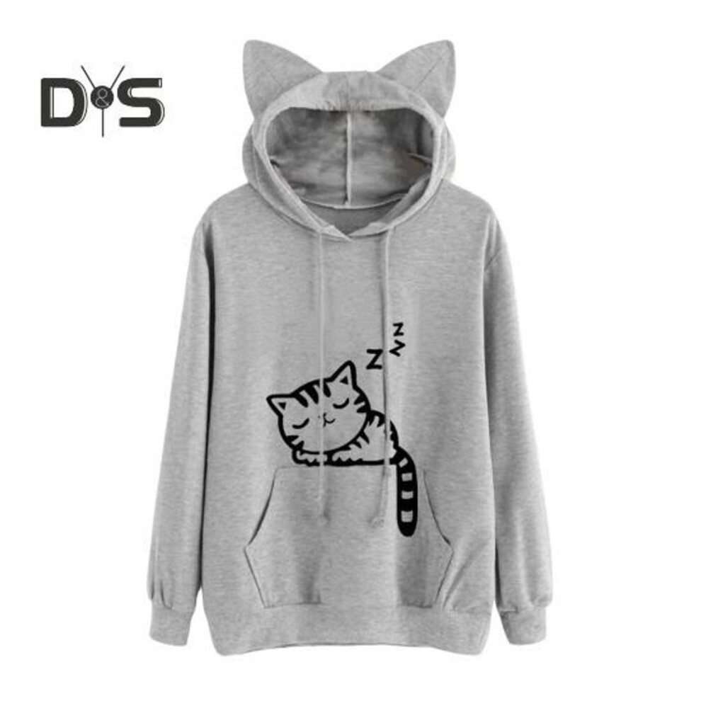 (L, grey) Women Fall Winter Hoodie With Big Pocket Cat Ear Decor Kitty Printing Hooded Full Sleeves Loose Pullover Home School Sport Top