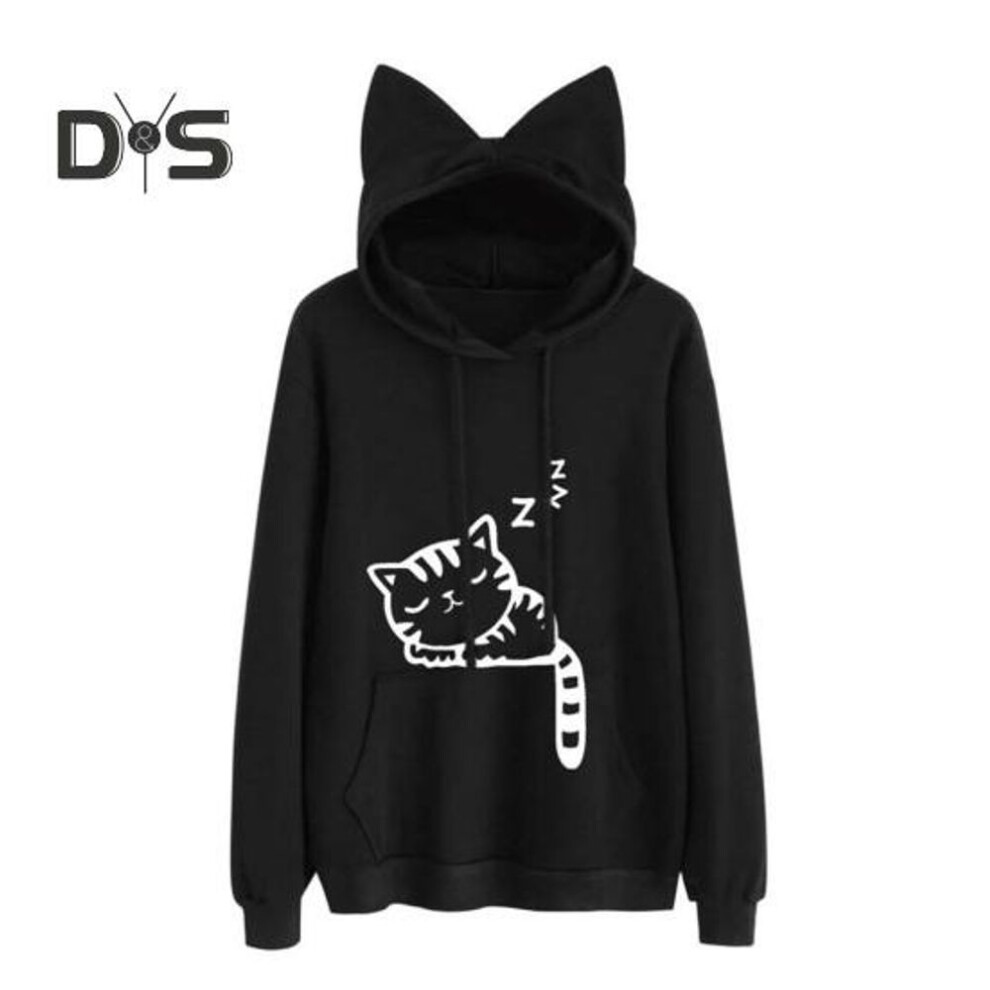 (L, black) Women Fall Winter Hoodie with Big Pocket Cat Ear Decor Kitty Printing Hooded Full Sleeves Loose Pullover Home School Sport Top