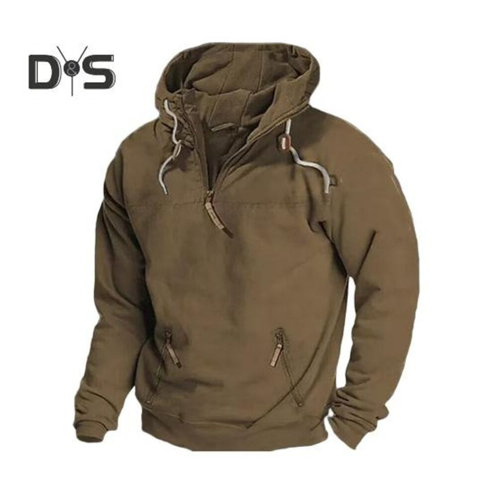 (tan, L) Men Fall Winter Hoodie with Pocket Drawstring Half Zipper Hooded Vintage Style Long Sleeves Solid Color Mid Length Loose Casual Daily Top