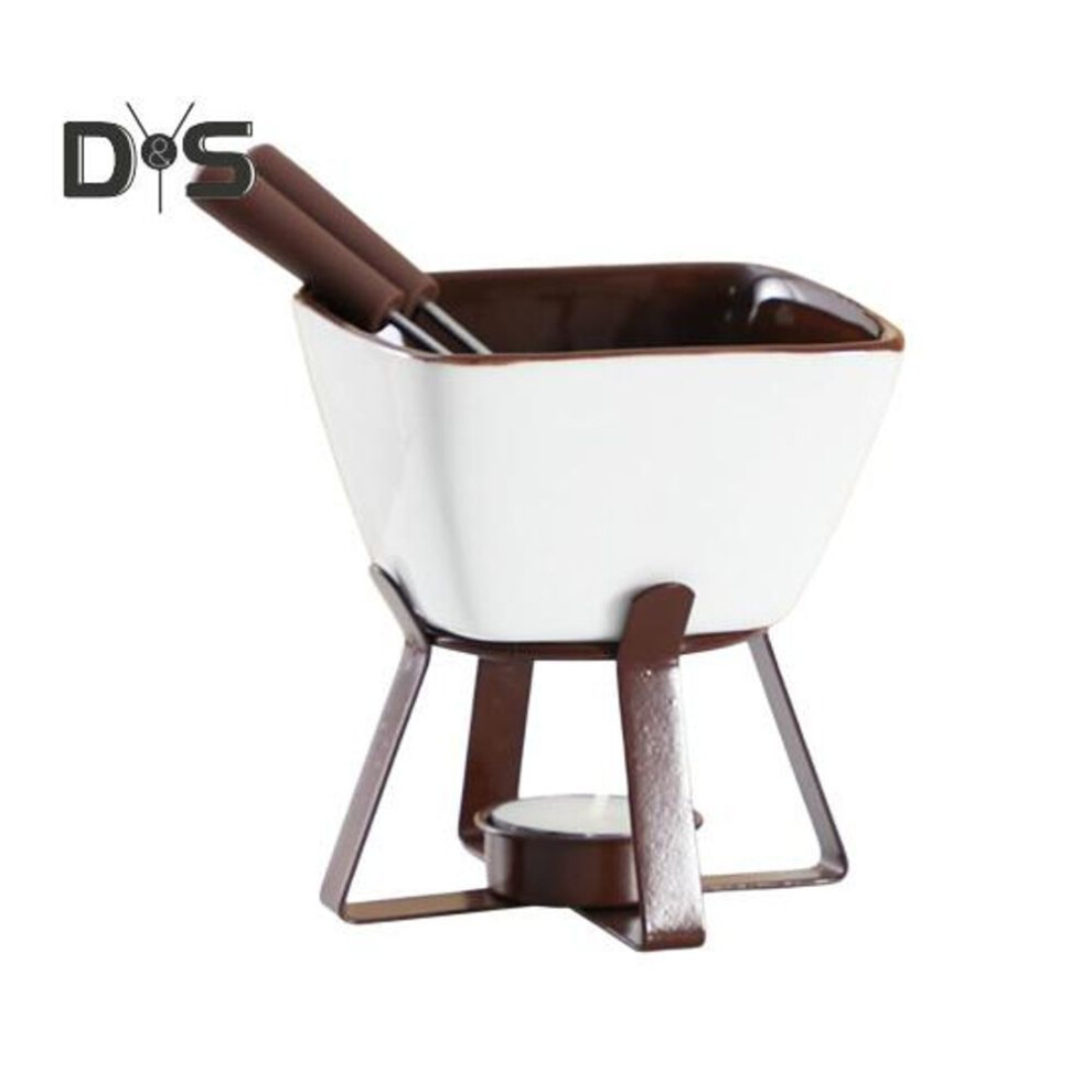 (as the picture, Square) Chocolate Fondue Mugs Set with Forks 300ml Ceramic Melting Pot Set for Chocolate Cheese Butter Tealight Candle Fondue Pot