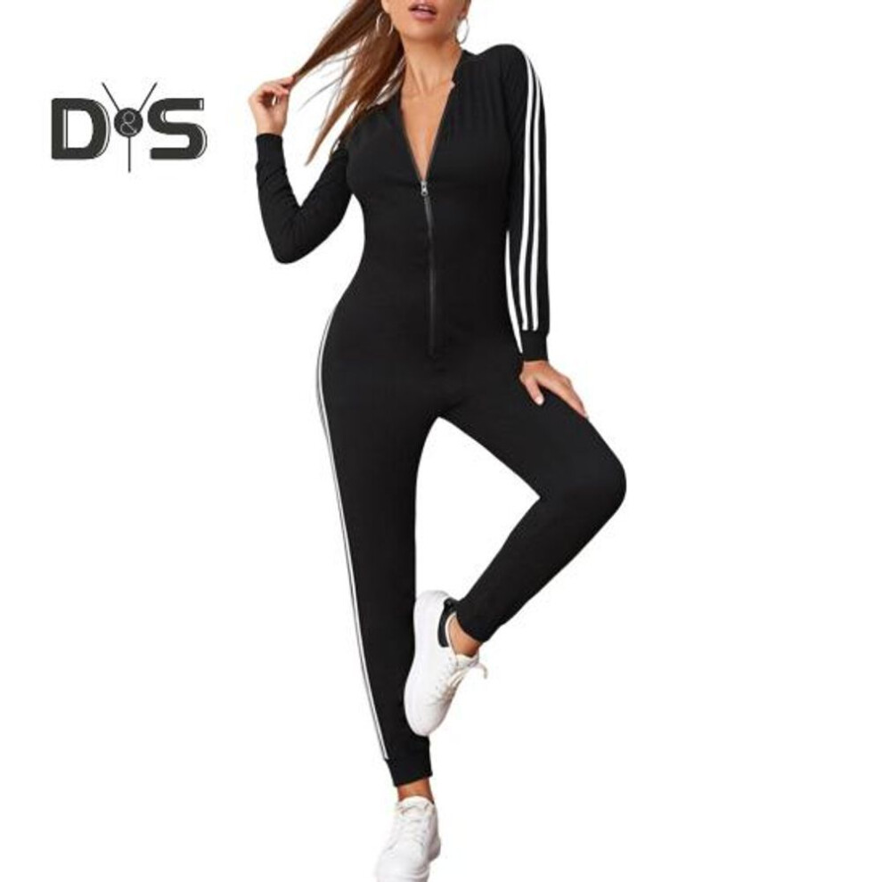 (XL, black) Women Yoga Jumpsuit Body Shaping Striped Zipper Closure Back Chest Support Seamless Body Sculpting Outfit Slimming One-piece Gym Clothes