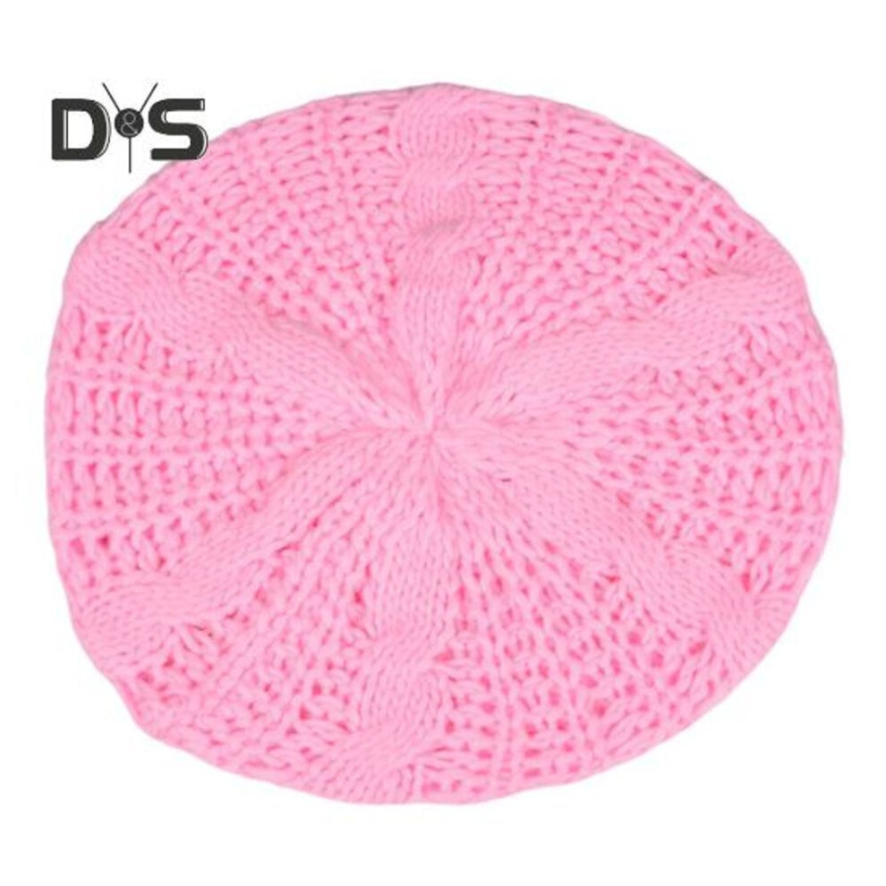 (pink) Women Fall Winter Hat Knitted Bonnet Solid Color Elastic Twisted Texture Keep Warm Beret Photo Prop Cap for Outdoor Activities Travel Cycling