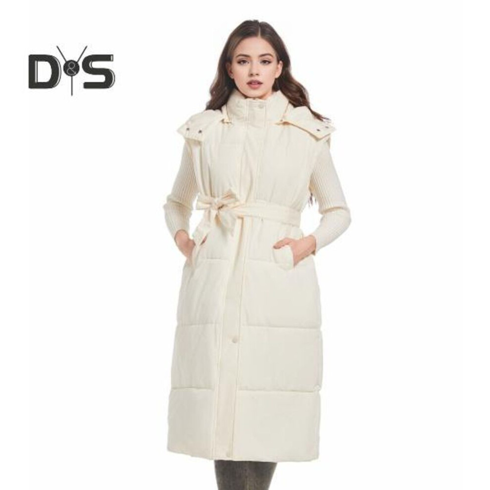(beige, L) Winter Women Vest Coat with Belt Padded Stand Collar Sleeveless Calf Length Down Waistcoat Zipper And Button Closure Cold Weather Outerwear