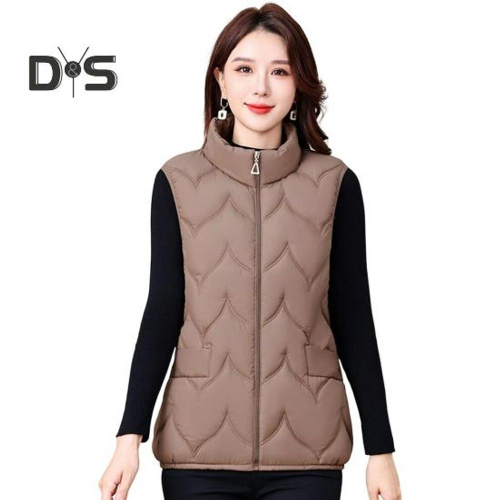 (coffee, XL) Women Winter Vest Coat Thickened Padded Stand Collar Neck Protection Sleeveless Outerwear Zipper Closure Solid Color Keep Warm Waistcoat